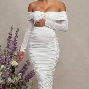 Club L - Neva White Bardot Twist Maternity Midi Dress